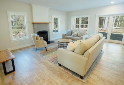 Living room, New Hampshire, "Modern Cottage," Custom home design and construction by Don Madore. New England home builders.
