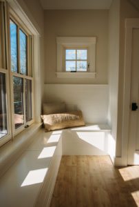 Sunny foyer, New Hampshire, "Modern Cottage," Custom home design and construction by Don Madore. New England home builders.