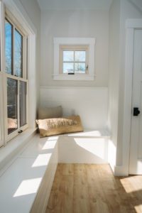 Sunny foyer, New Hampshire, "Modern Cottage," Custom home design and construction by Don Madore. New England home builders.